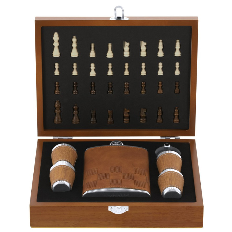 Zestaw upominkowy piersiówka 175 ml kieliszki 30 ml szachy drewniane pudełko podarunkowe