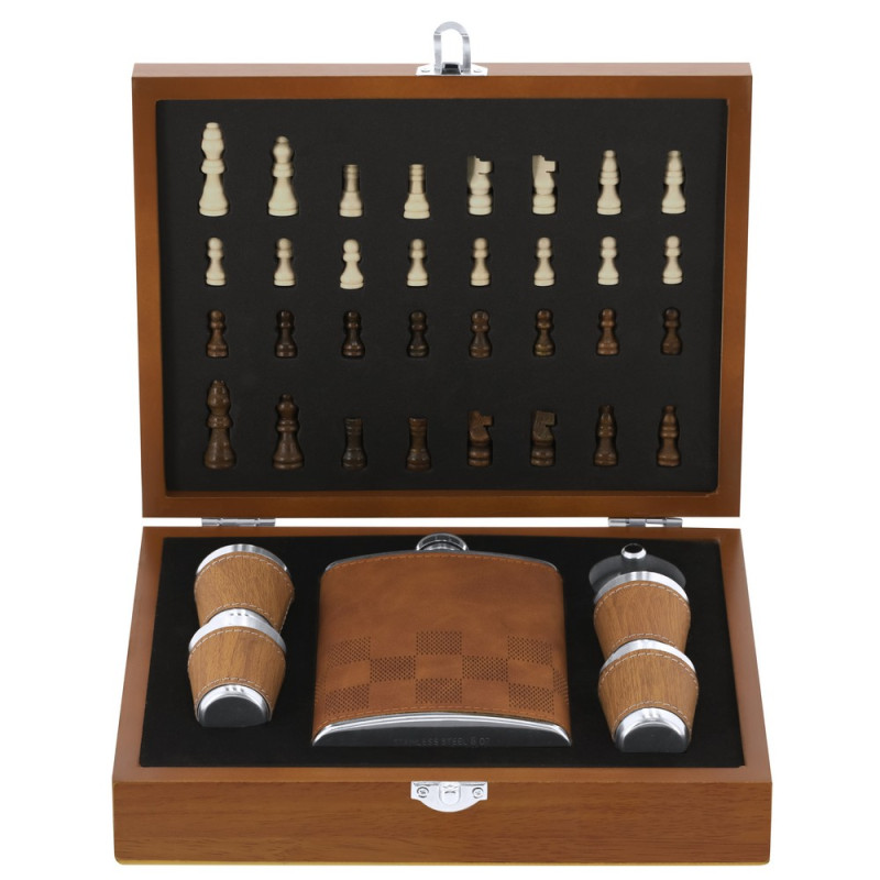 Zestaw upominkowy piersiówka 175 ml kieliszki 30 ml szachy drewniane pudełko podarunkowe