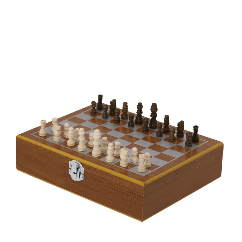 Zestaw upominkowy piersiówka 175 ml kieliszek 30 ml szachy karty oraz kości do gry drewniane pudełko podarunkowe