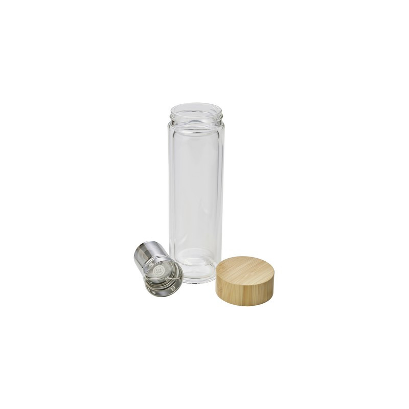 Szklany termos 420 ml posiada sitko zatrzymujące fusy