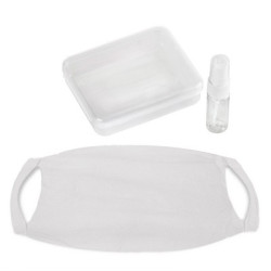 Zestaw w pudełku pojemnik na płyn do dezynfekcji maseczka wielokrotnego użytku z miejscem na filtr i jonami srebra