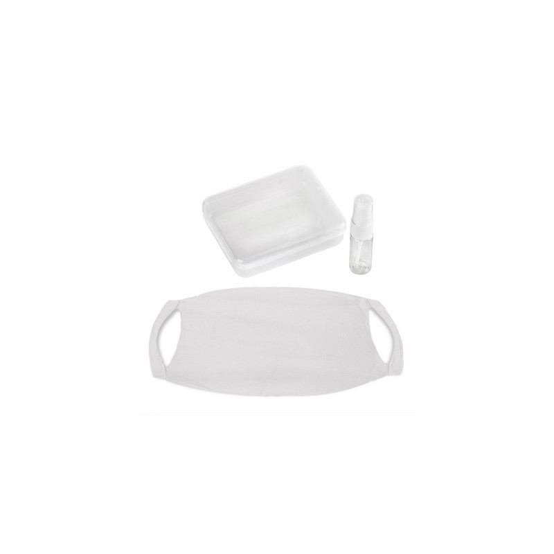 Zestaw w pudełku pojemnik na płyn do dezynfekcji maseczka wielokrotnego użytku z miejscem na filtr i jonami srebra