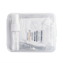 Zestaw w pudełku pojemnik na płyn do dezynfekcji maseczka wielokrotnego użytku z miejscem na filtr i jonami srebra