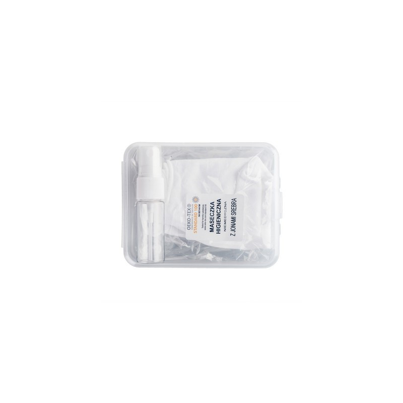 Zestaw w pudełku pojemnik na płyn do dezynfekcji maseczka wielokrotnego użytku z miejscem na filtr i jonami srebra