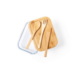 Szklane pudełko śniadaniowe 700 ml bambusowe wieczko sztućce