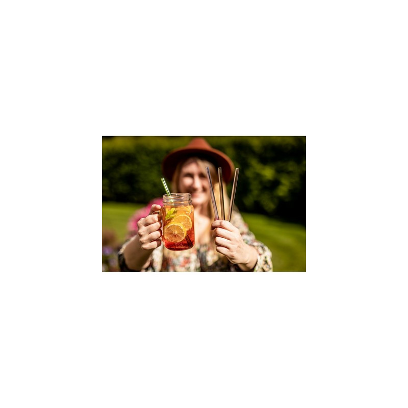 Zestaw szklanych słomek wielokrotnego użytku B'RIGHT 4 szt czyścik z blaszką pod znakowanie w komplecie | Lea