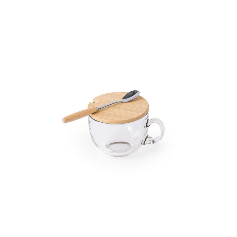 Szklany kubek 420 ml z łyżeczką i wieczkiem