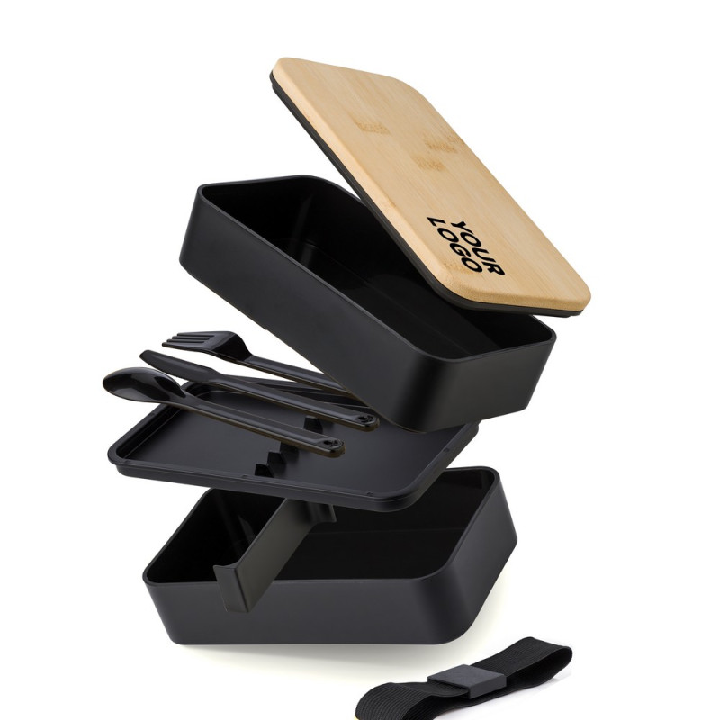 Pudełka śniadaniowe 2 szt 2x400 ml bambusowe wieczko sztućce