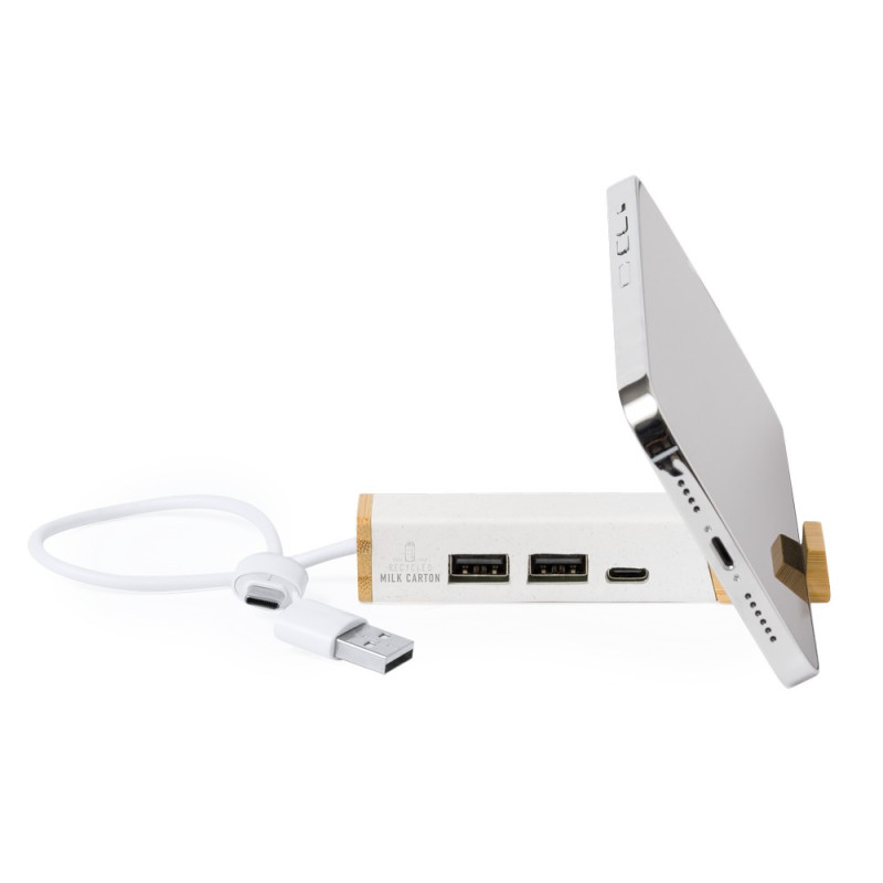 Hub USB i USB-C ze zrecyklingowanych kartoników po mleku stojak na telefon