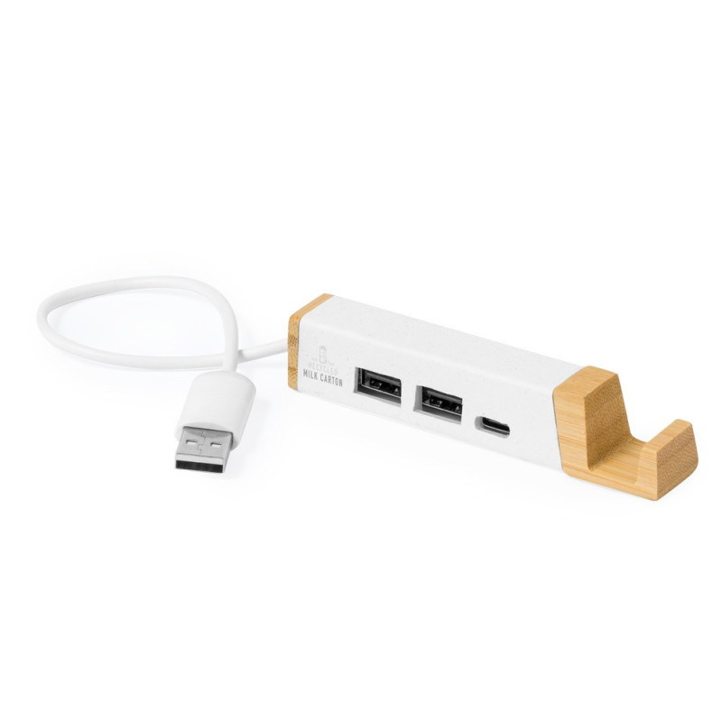Hub USB i USB-C ze zrecyklingowanych kartoników po mleku stojak na telefon