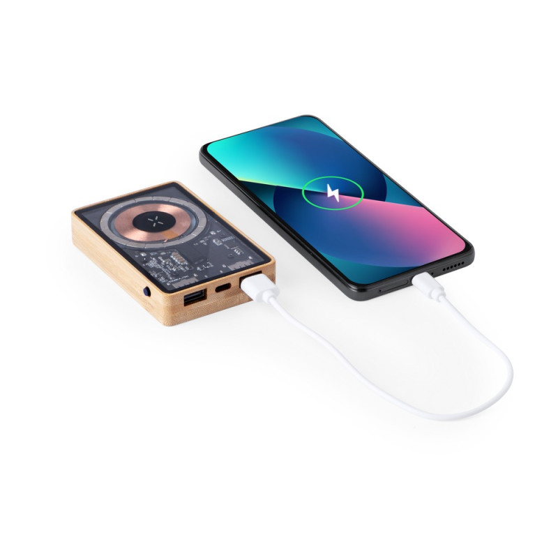 Magnetyczny bezprzewodowy bambusowy power bank 5000 mAh ładowarka bezprzewodowa 15W