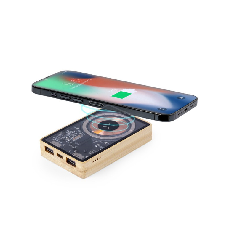 Magnetyczny bezprzewodowy bambusowy power bank 5000 mAh ładowarka bezprzewodowa 15W